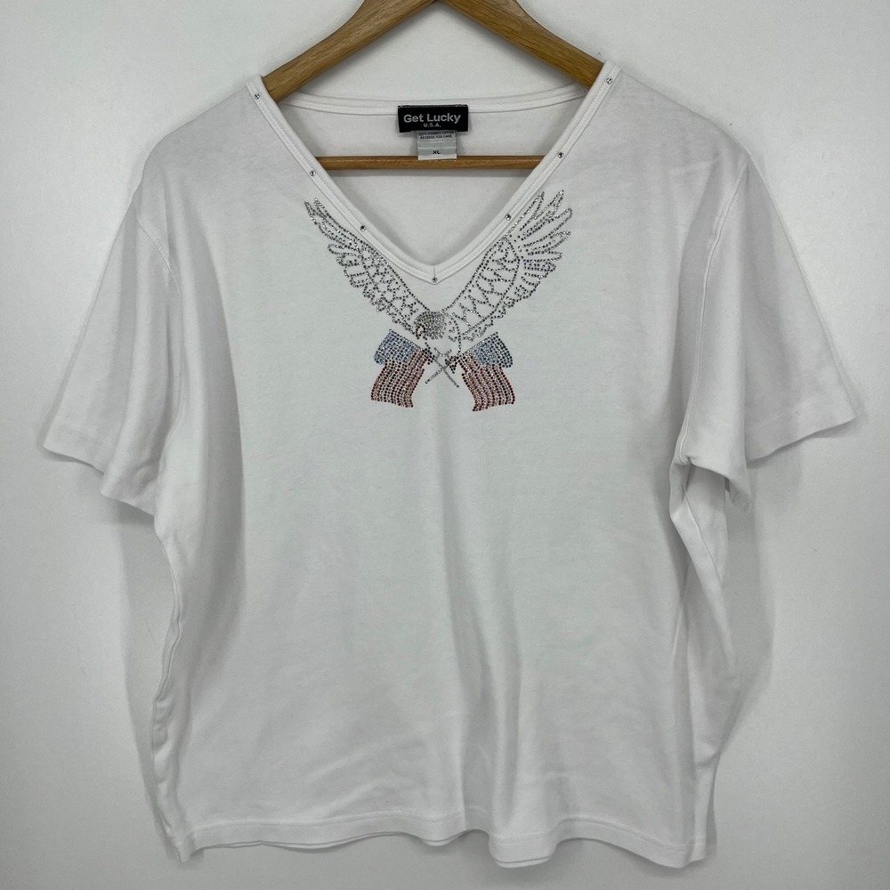 Get Lucky USA Womens White Rhinestone Eagle American Flag V-Neck T-Shirt XL